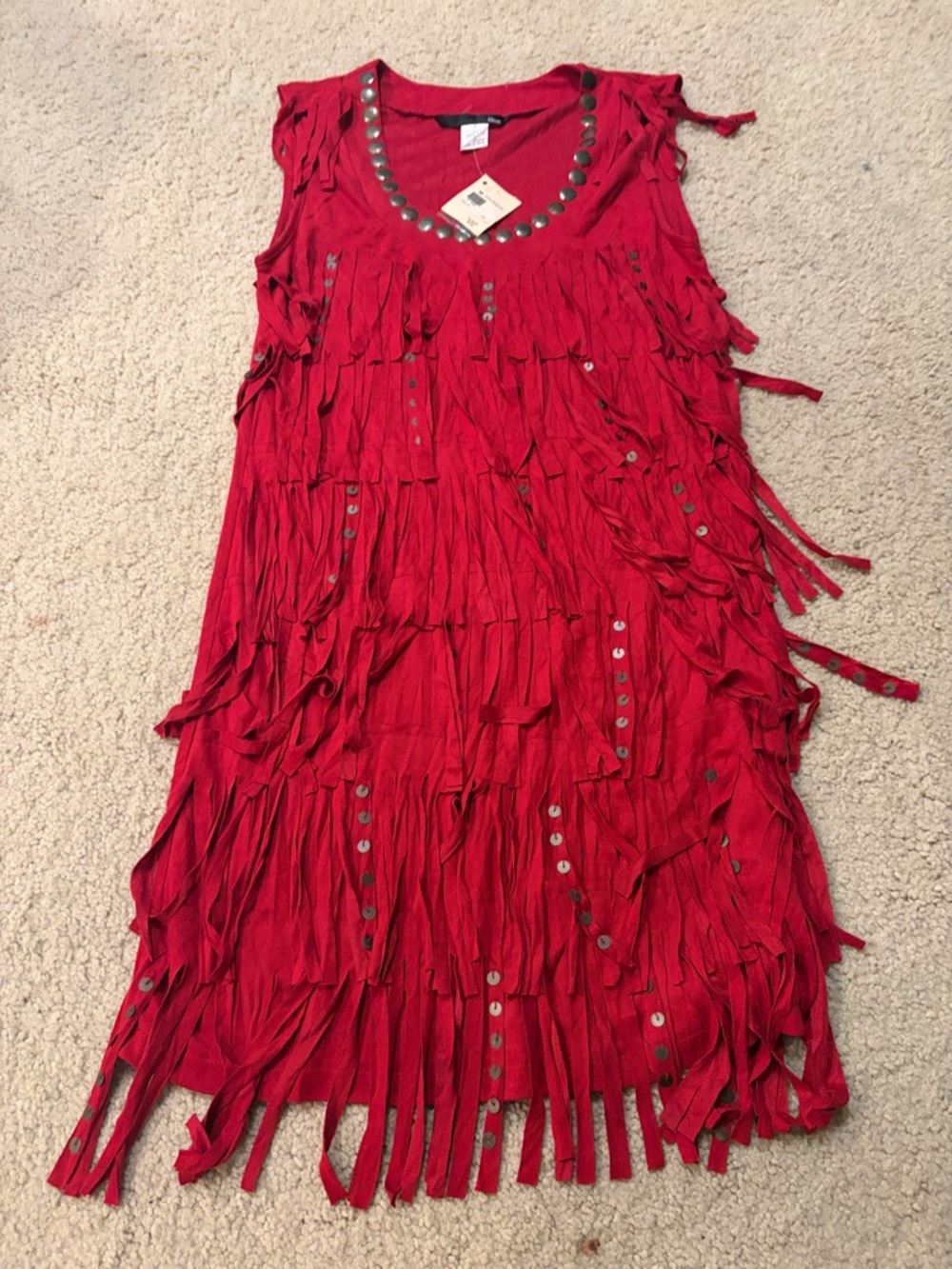 Ellison Red Fringe Midi Dress with Stud Details